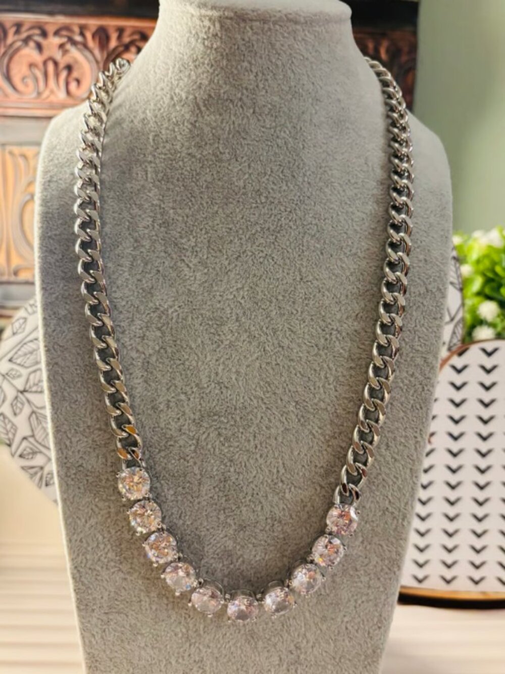 Rhodium Chain Necklace with Oval CZ Gemstones